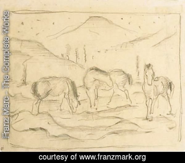 Franz Marc - Drei Pferde in hageliger Landschaft