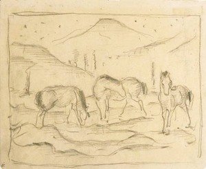 Drei Pferde in hageliger Landschaft